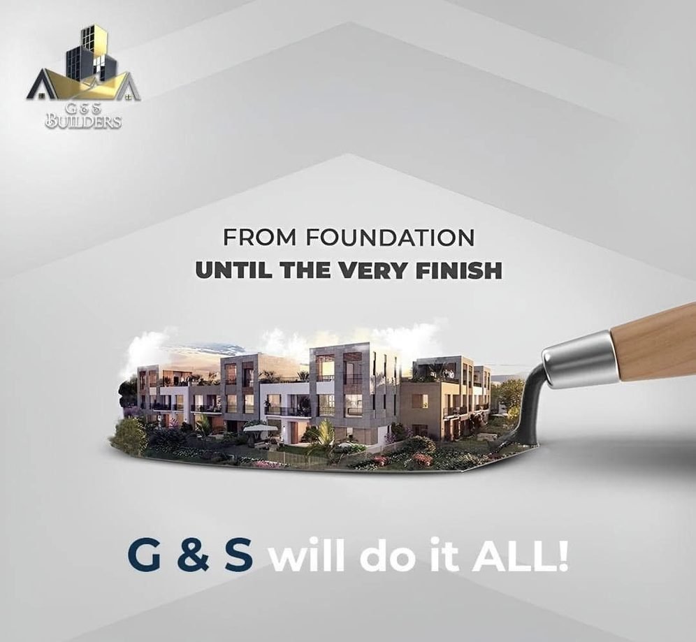 G & S Builders — from foundation until the very finish. A completed residential terrace carried on a builder's trowel.