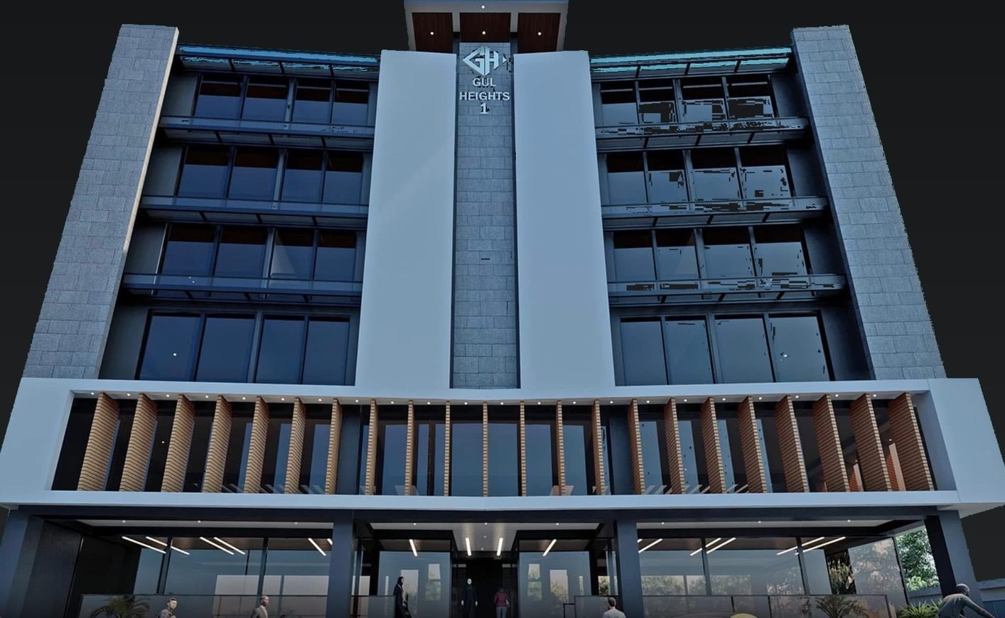 The front elevation of Gul Heights 1, six floors above the street-level arcade at Main Markaz D-17