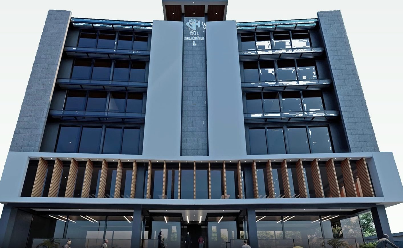 Gul Heights 1 at dusk &mdash; six floors at Main Markaz D-17, Islamabad, with the ground-floor arcade lit