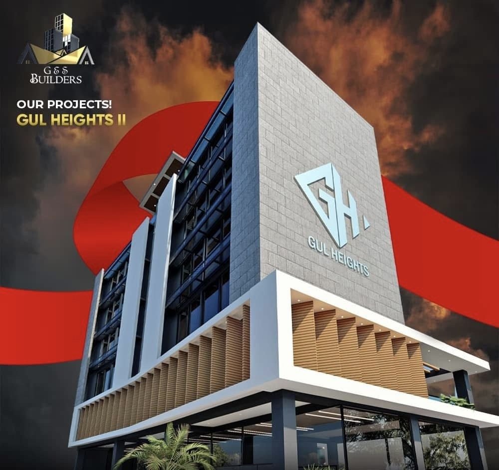 A G & S Builders development at Main Markaz D-17 — the corner blade wall above the entrance canopy